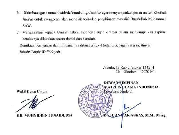 mengeluarkan pernyataan dan imbauan kepada umat Islam Indonesia untuk memboikot segala pr MUI Serukan Umat Islam Indonesia Boikot Produk Perancis