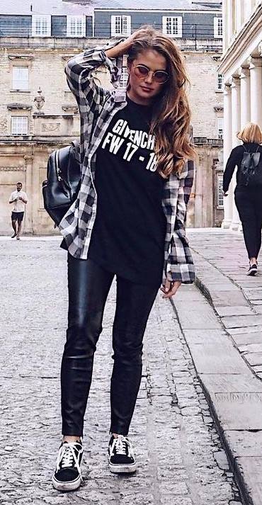 how to style a plaid shirt : bag + printed tee + leather skinnies + sneakers