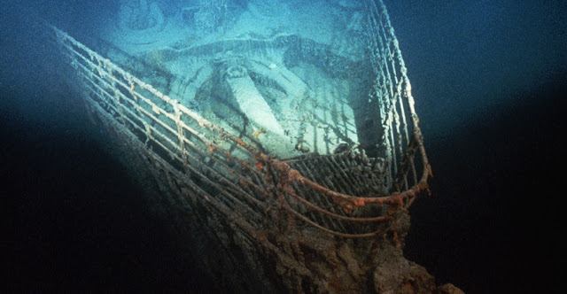 rms TITANIC, the bow of the sunkenb wreck in its grave - courtesy Ballard