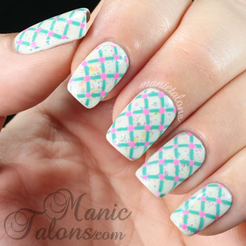 lattice and dots manicure, gel polish, stamping nail art