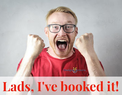 Man wearing a DesignaVenture red t-shirt celebrating just booked his stag do