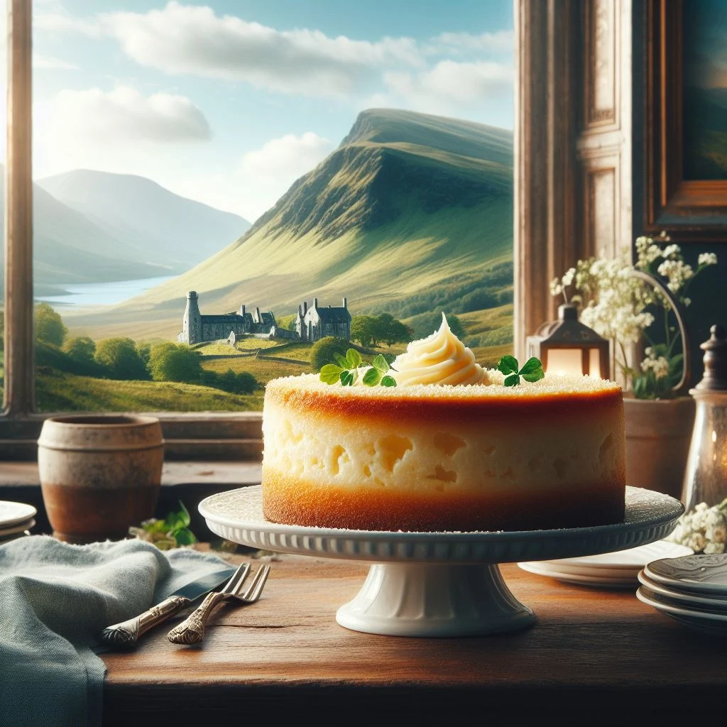 plato de cheese cake frente a una ventana con vista al campo