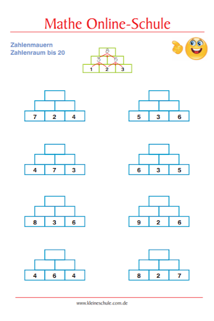 Matheaufgaben für 1. Klasse Grundschule Zahlenraum bis 20