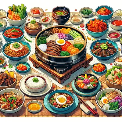 An illustration showcasing a variety of traditional Korean dishes including bibimbap, bulgogi, kimchi, and japchae. The dishes are beautifully arranged on a traditional Korean table setting with colorful ingredients and garnishes.