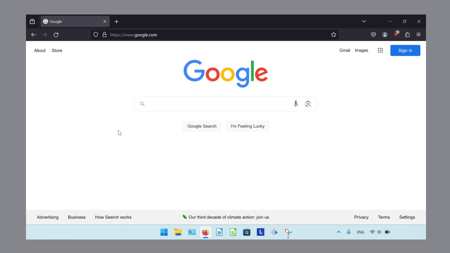 The open Firefox browser window displays the google.com search engine website.