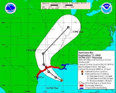 Latest three-day forecast track for Hurricane Ike