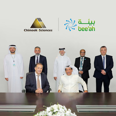 Source: PRNewsfoto/Chinook Sciences, Bee’ah. Chinook Sciences Chairman and CEO, Dr Rifat Chalabi (seated in the front left), and HE Salim Al Owais (seated in the front right), Chairman of Bee'ah. Senior officials from both entities stand behind them..