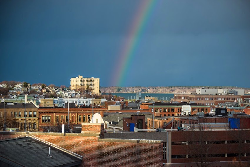 Portland, Maine USA Rainbow over the city. April 27, 2015. Photo by Corey Templeton.