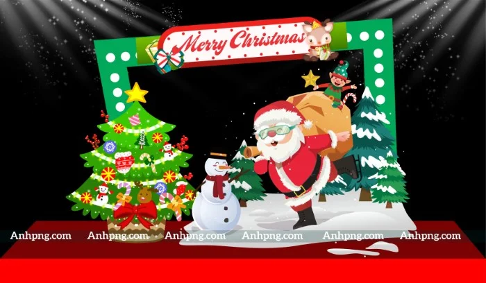 Khung chụp ảnh Giáng Sinh với ông già Noel vác bao quà, cây thông và người tuyết, tạo không gian lễ hội ấn tượng
