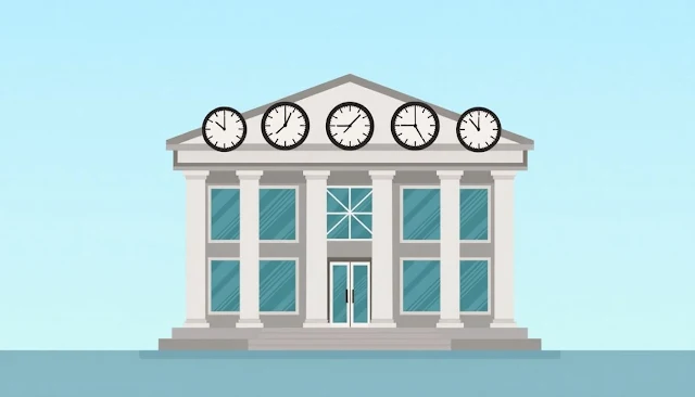 Illustration of a bank with clocks showing different times.