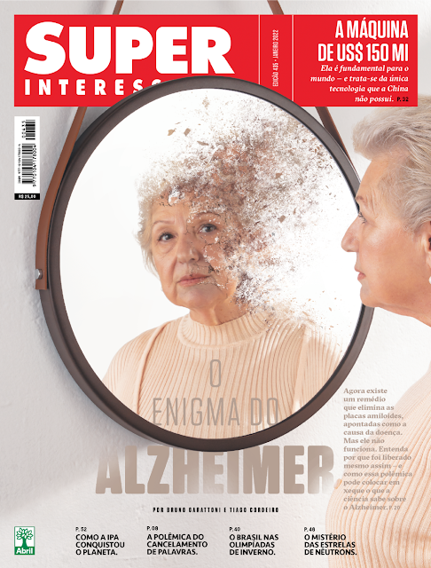 A manchete “O enigma do Alzheimer” traz na capa uma senhora olhando para um espelho arredondado no qual seu reflexo está se desintegrando.