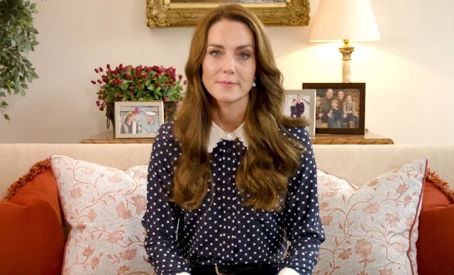 Princess of Wales wore a navy and white polka dot blouse by Tory Burch. Addiction Awareness Week 2022