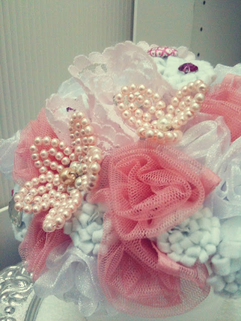 pink, white, felt, pearl, bouquet, handbouquet, organza, net, wedding, tunang, kahwin