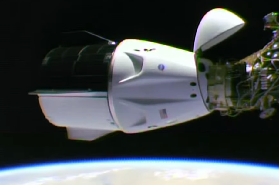 Soft capture of Dragon Endeavour capsule in preparation for hatch opening. NASA, 24 April 2021.