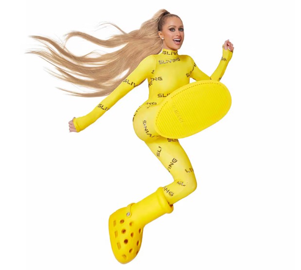 Paris Hilton Wearing MSCHF x Crocs Big Yellow Boots
