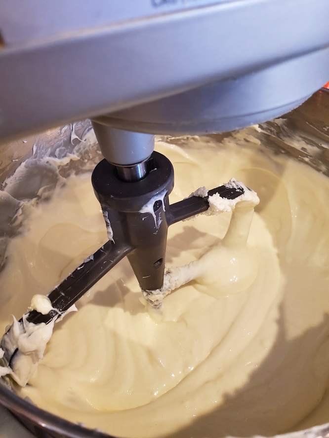 this is the batter for mini cheesecake in a kitchen aid mixer