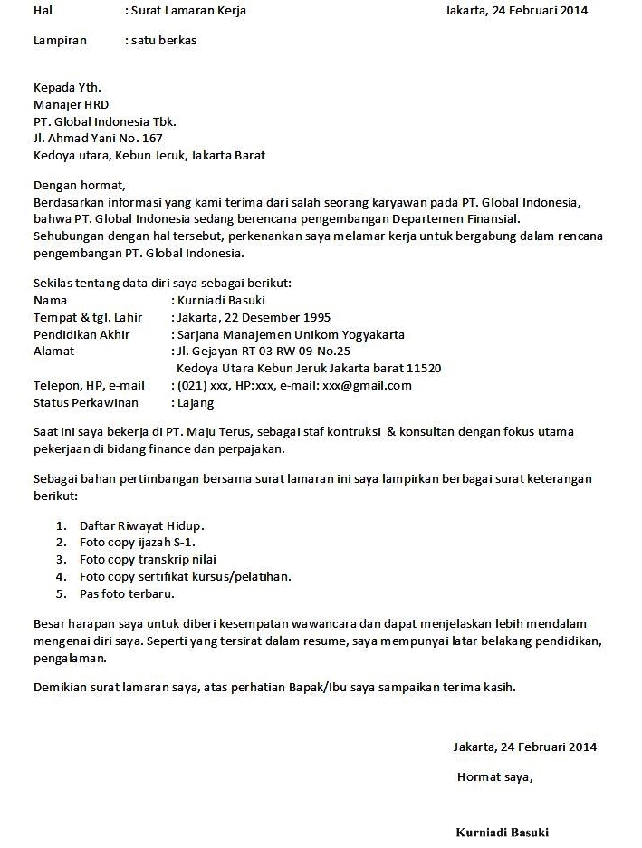 9 Contoh Surat Lamaran Kerja Formal - ben jobs