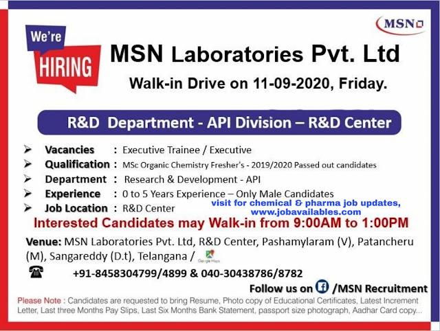 Job Availables, MSN Laboratories Interview For Freshers & Experienced MSc Analytical Chemistry/ Organic Chemistry