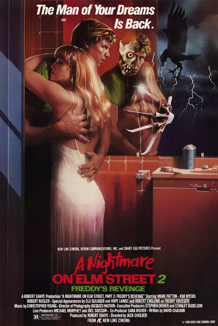 New Line Cinema movie poster for "A Nightmare on Elm Street 2: Freddy's Revenge," starring Robert Englund, Mark Patton, Kim Myers, and Robert Rusler
