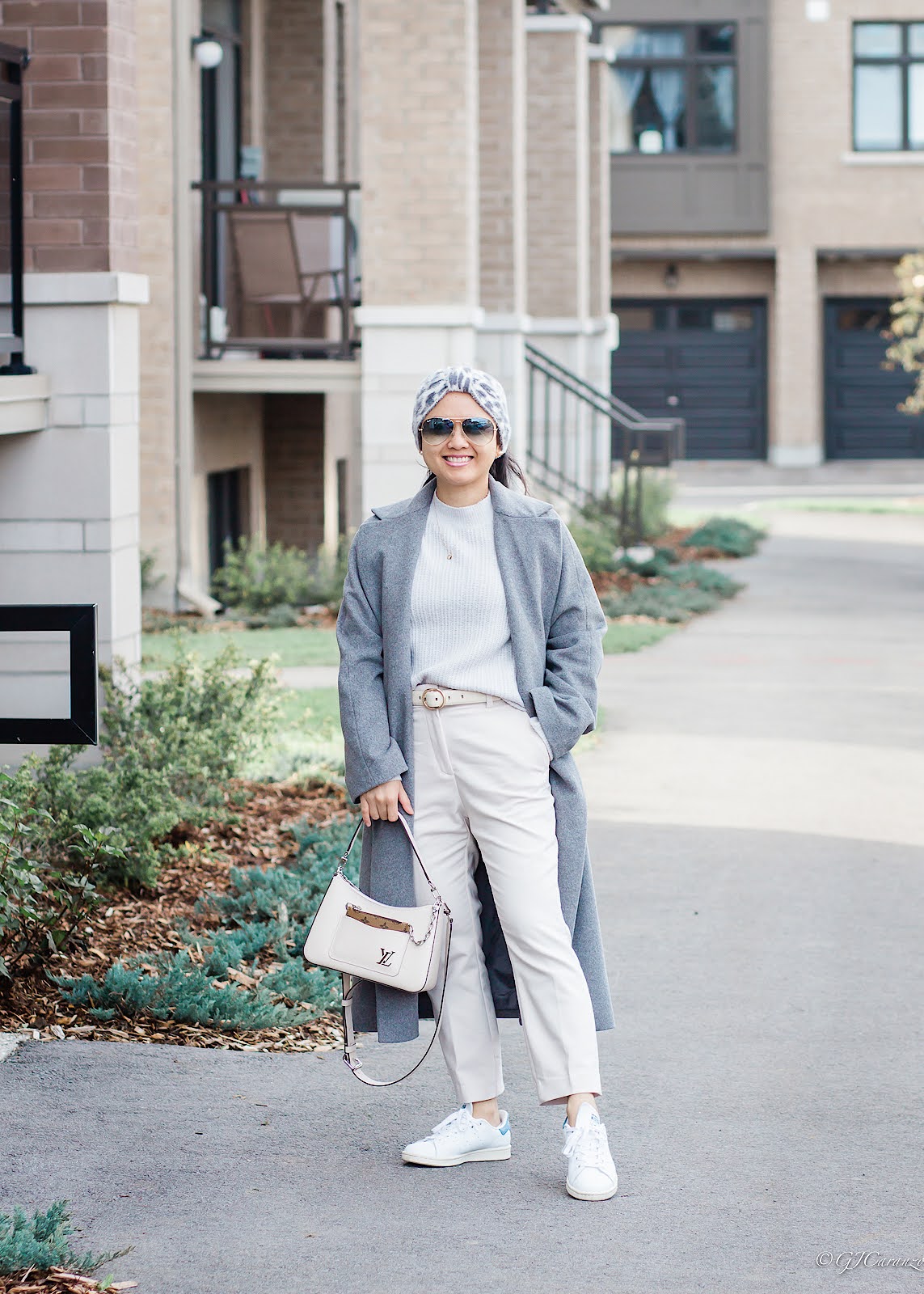 Uniqlo Long Coat | Uniqlo Light Gray Sweater | HM Pants | Louis Vuitton Marelle in Quartz Epi Leather | Adidas Stan Smith | Winter Fashion | Petite Outfit