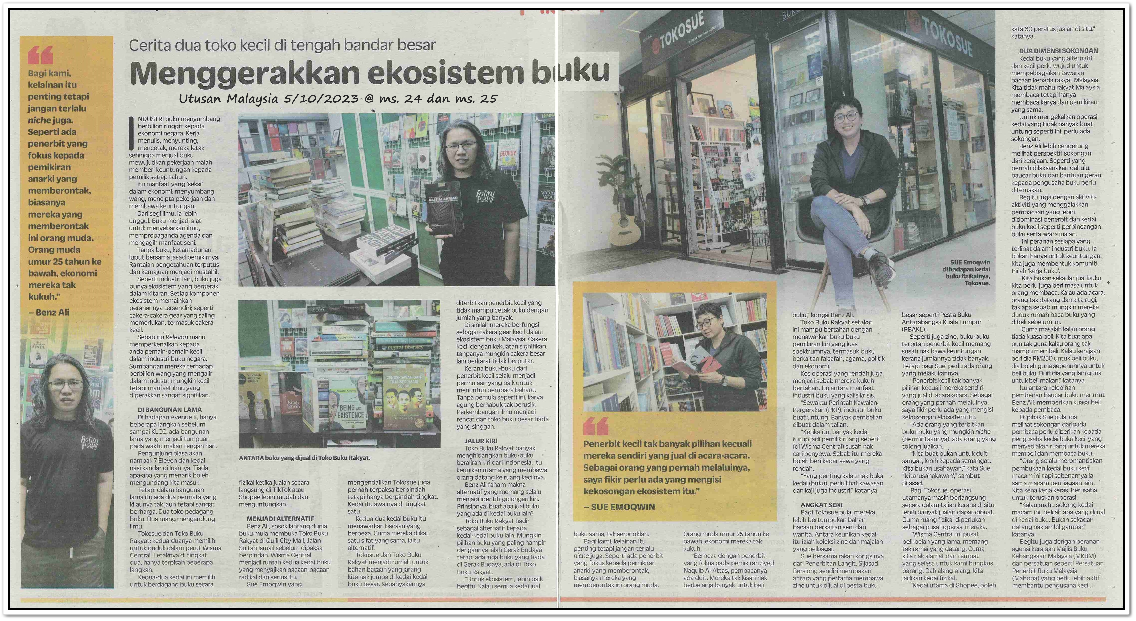 Menggerakkan ekosistem buku ; Cerita dua toko kecil tengah bandar besar - Keratan akhbar Utusan Malaysia 5 Oktober 2023