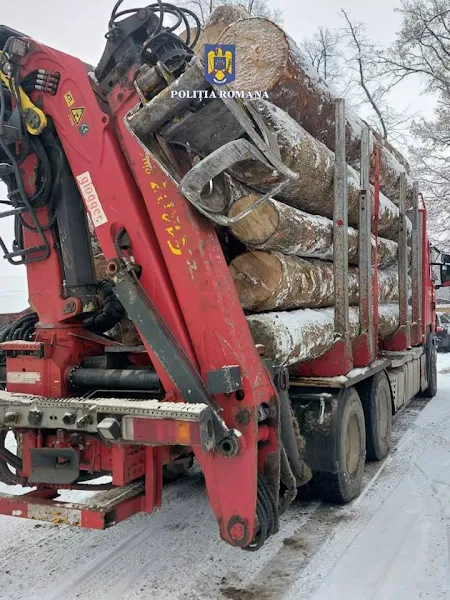 Transport de bușteni fără acte depistat la Slatina. Camionul în valoare de 50.000 de euro a fost confiscat de polițiști