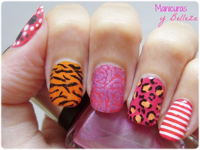 Nail art de diseños mix concurso Nataliciosa Nails Manicura animal print leopard tiger flowers roses sailor dots estampado animal leopardo tigre rosas flores rayas puntos rosa naranja rojo blanco negro multicolor