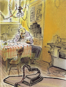 Older man reads a poem while sitting at a table