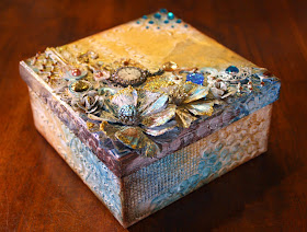 A Keepsake box by Gabrielle Pollacco using Bo Bunny mixed media products: Glimmer Sprays, Pearlescents, Glitter Paste and Stickable Stencils