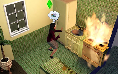 The Sims- kitchen stove on fire, sim panicking