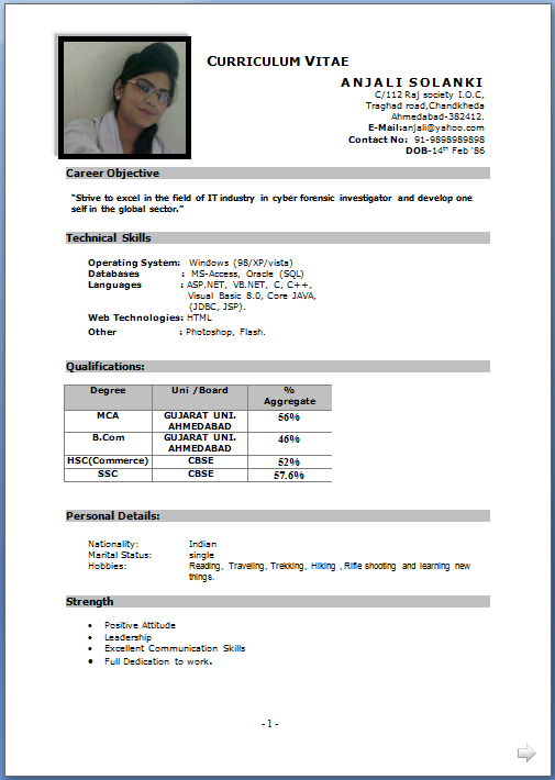 Sample Of Cv For Job Application Resume
