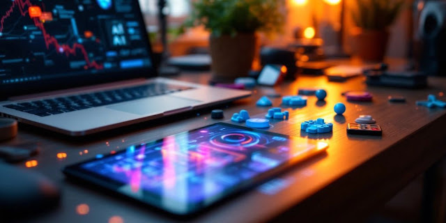 Modern workspace with laptop and digital tablet for AI.