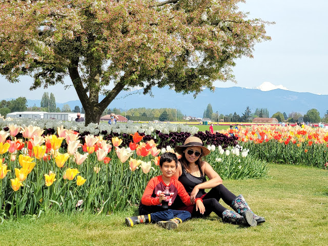 Mother and Son with beautiful Tulip garden
