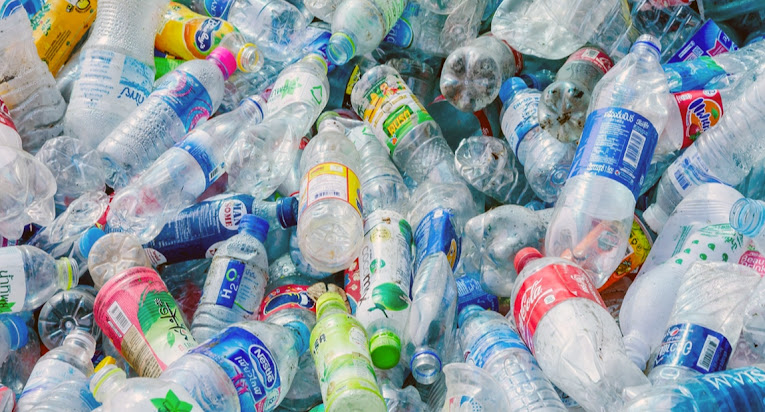 Plastic bottles are gathered for recycling