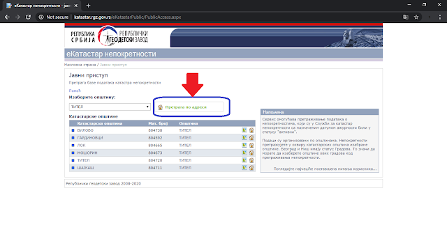 Katastar - izbor pretrage po adresi