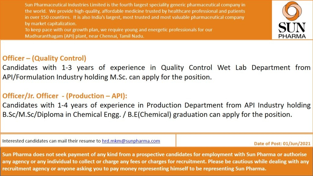 Job Availables, Sun Pharma Job Opening For Diploma/ B.E Chemical/ BSc/ MSc - QC/ Production Department