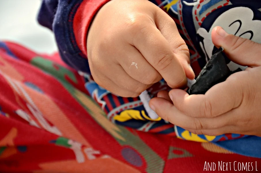 Turning baked cotton balls into music notes & close up of fine motor skills from And Next Comes L