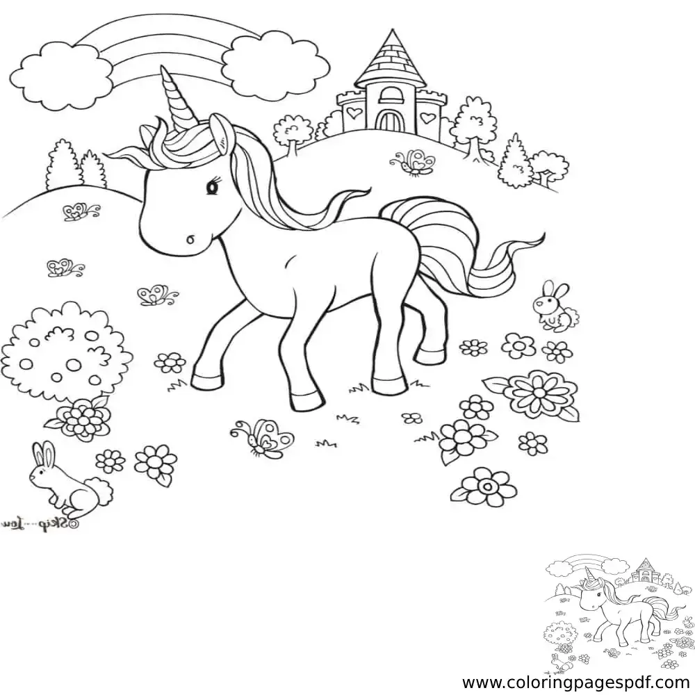 Coloring Page Of A Unicorn In Front Of A Castle