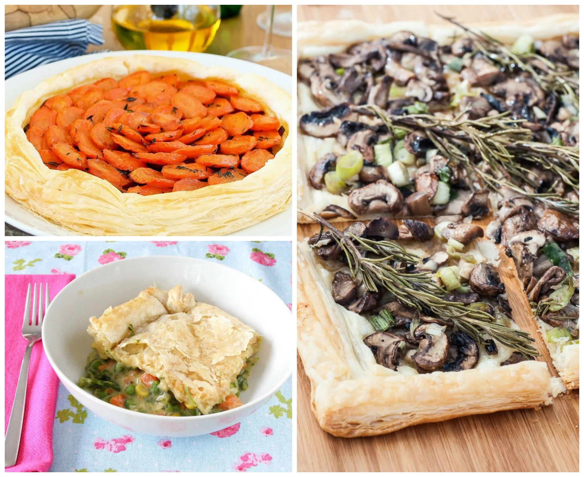 Vegetable puff pastry tarts and pie.