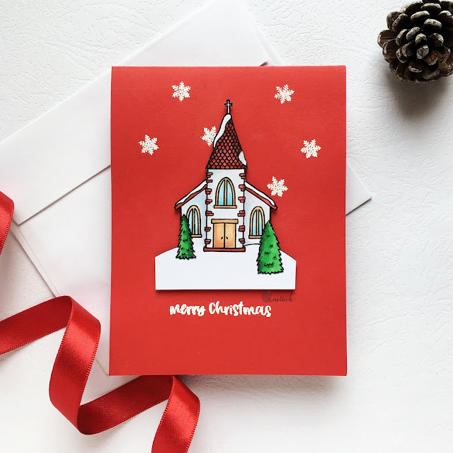 Janes doodles Winter village, CAS Christmas card, Red cardstock, Red card for Christmas, Quillish