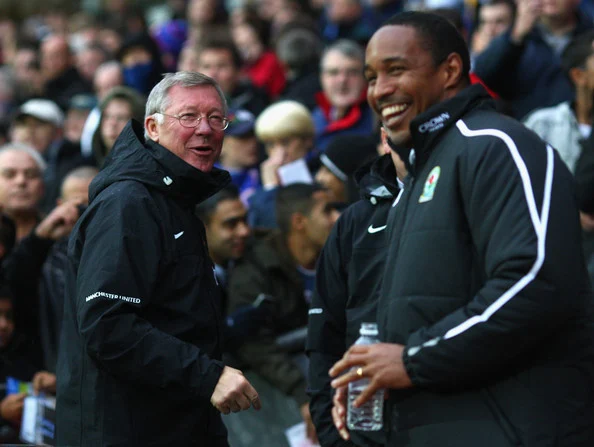 Manchester United Manager Sir Alex Ferguson shares a joke with Blackburn Rovers Manager Paul Ince (R) prior to the start of the Barclays Premier League match between Blackburn Rovers and Manchester United at Ewood Park on October 4, 2008 in Blackburn, England
