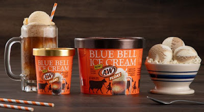 Two containers of Blue Bell A&W Root Beer Float Ice Cream next to a root beer float and bowl of ice cream.