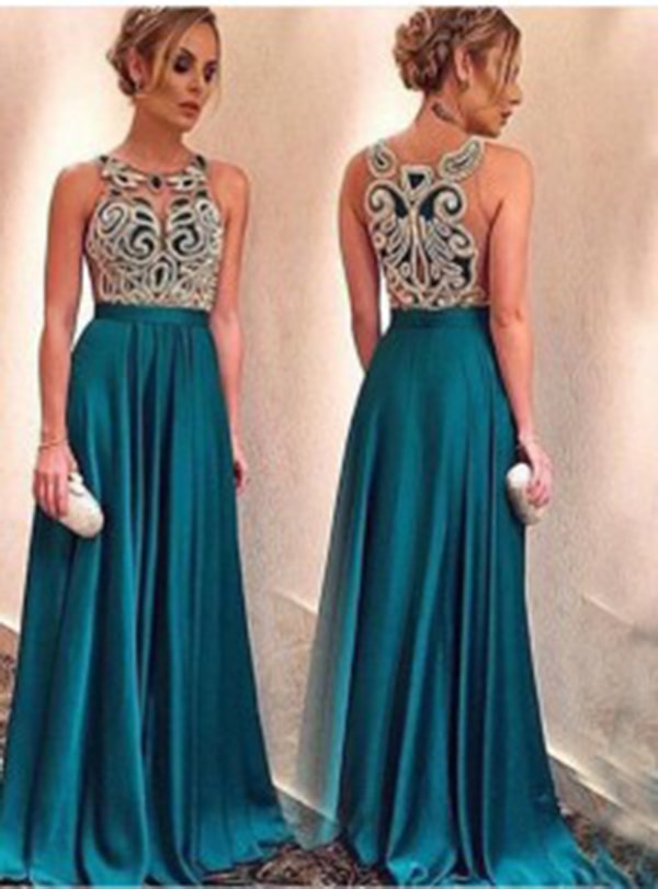 Special Illusion Appliques Prom Dress-Long Satin Evening Dress