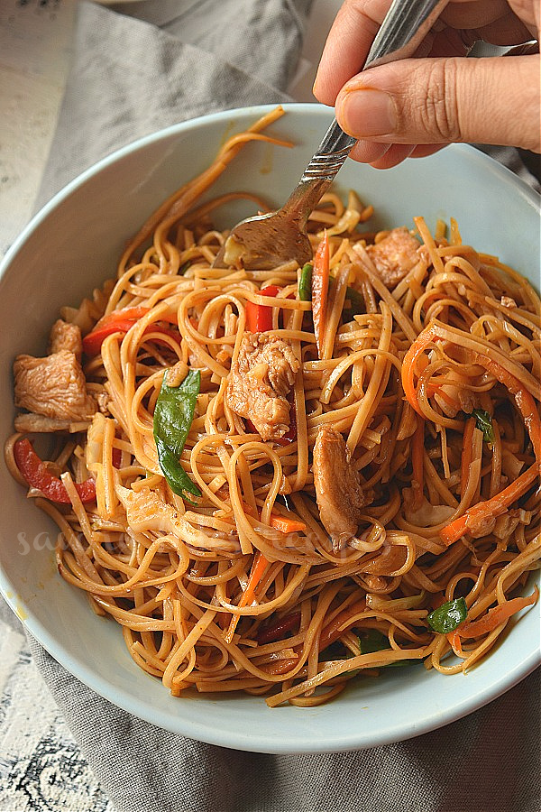 a bowl with chinese chicken lo mein