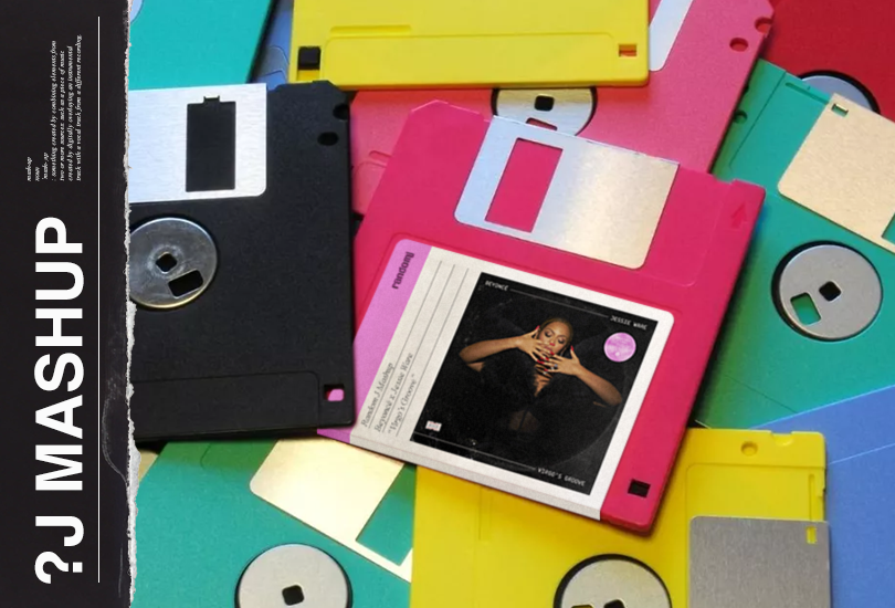 A pile of colourful floppy discs. With one pink disc with a label on it, which features the cover art of the Beyoncé x Jessie Ware mashup. The cover art of which features a shot of Beyoncé from her Tiffany and Co. commercial.