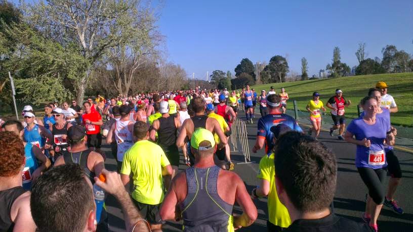 Runners travelling in three different directions in part of the Albert Park course