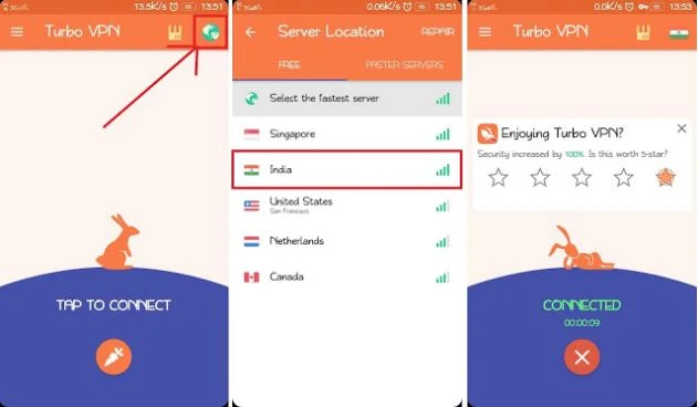 Tampilan aplikasi Turbo VPN Gratis Android