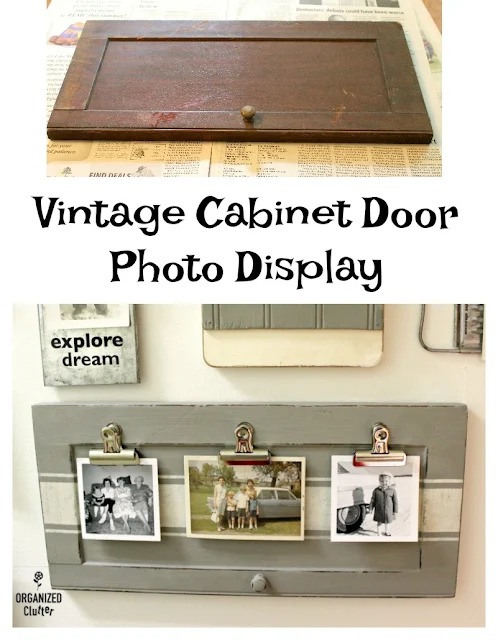 Upcycled Garage Sale Cabinet Door Photo Display #stencil #oldsignstencils #upcycle #repurpose #photodisplay #photodisplayideas