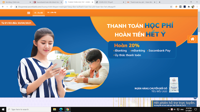 Sacombank hoàn lại tiền khi đóng học phí online