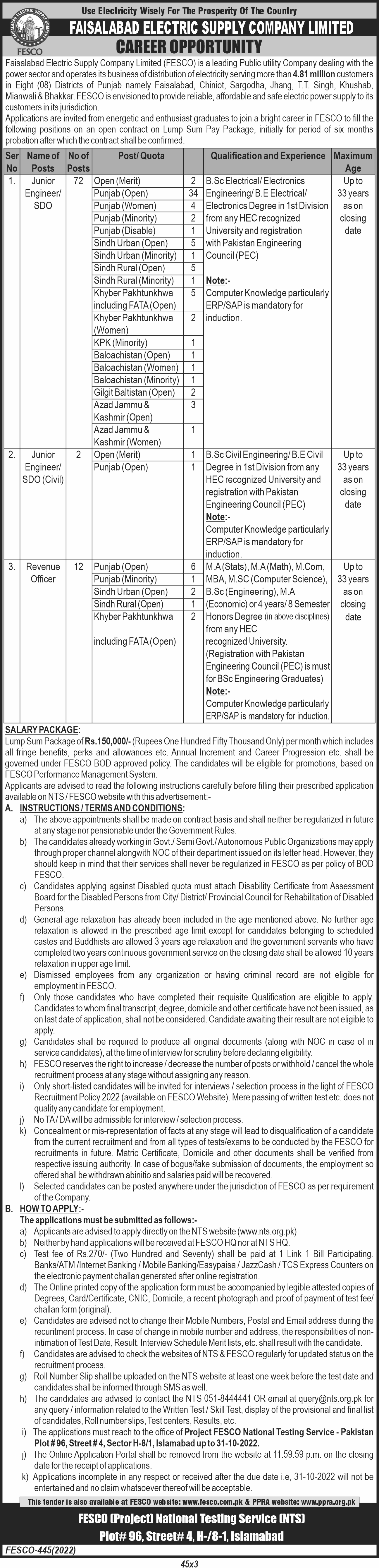 Faisalabad Electric Supply Company Limited (FESCO) Latest Jobs October 2022 | Apply Online